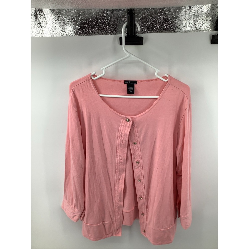Moda International Pink Cardigan Rhinestone Button 3/4 Sleeve Jersey Knit Large